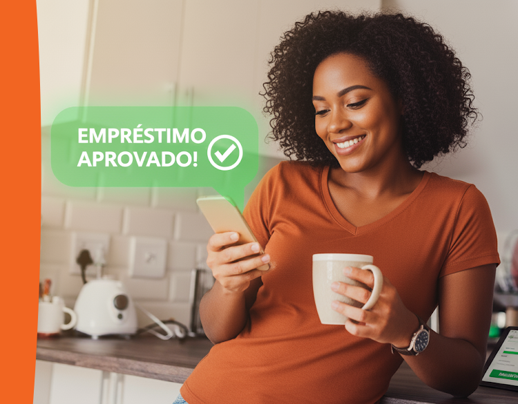[Imagem de uma mulher sorrindo enquanto usa o celular, representando a facilidade do empréstimo aprovado]